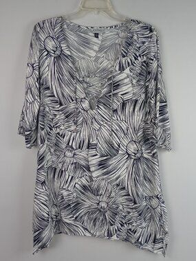 J Valdi Womens S Black White 3/4 Sleeve Flower Shark Bite‎ Tunic Cover Dress Top